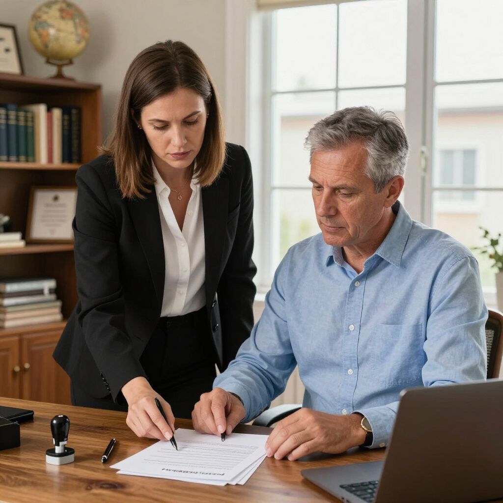Woman in suit points to document as man in blue shirt reviews it at a wooden desk with a laptop.
