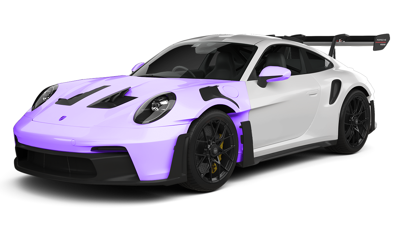 White Porsche sports car with purple overlay on front.