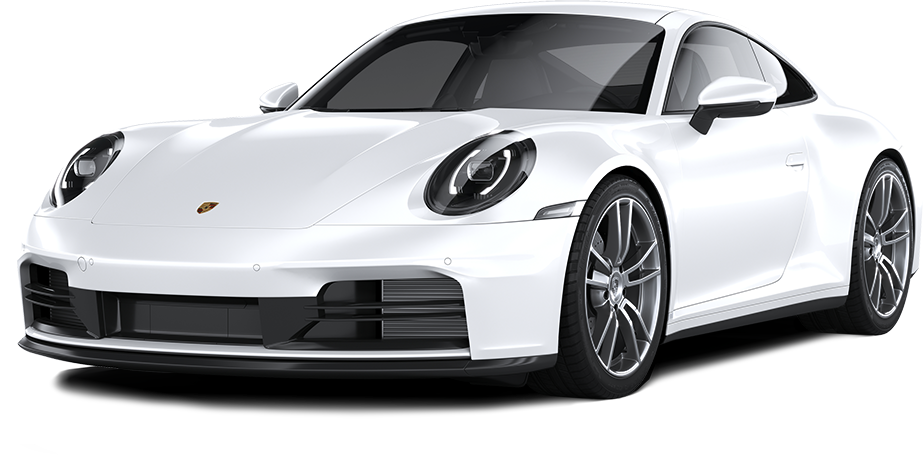 White Porsche 911 sports car, angled front view, on a white background.