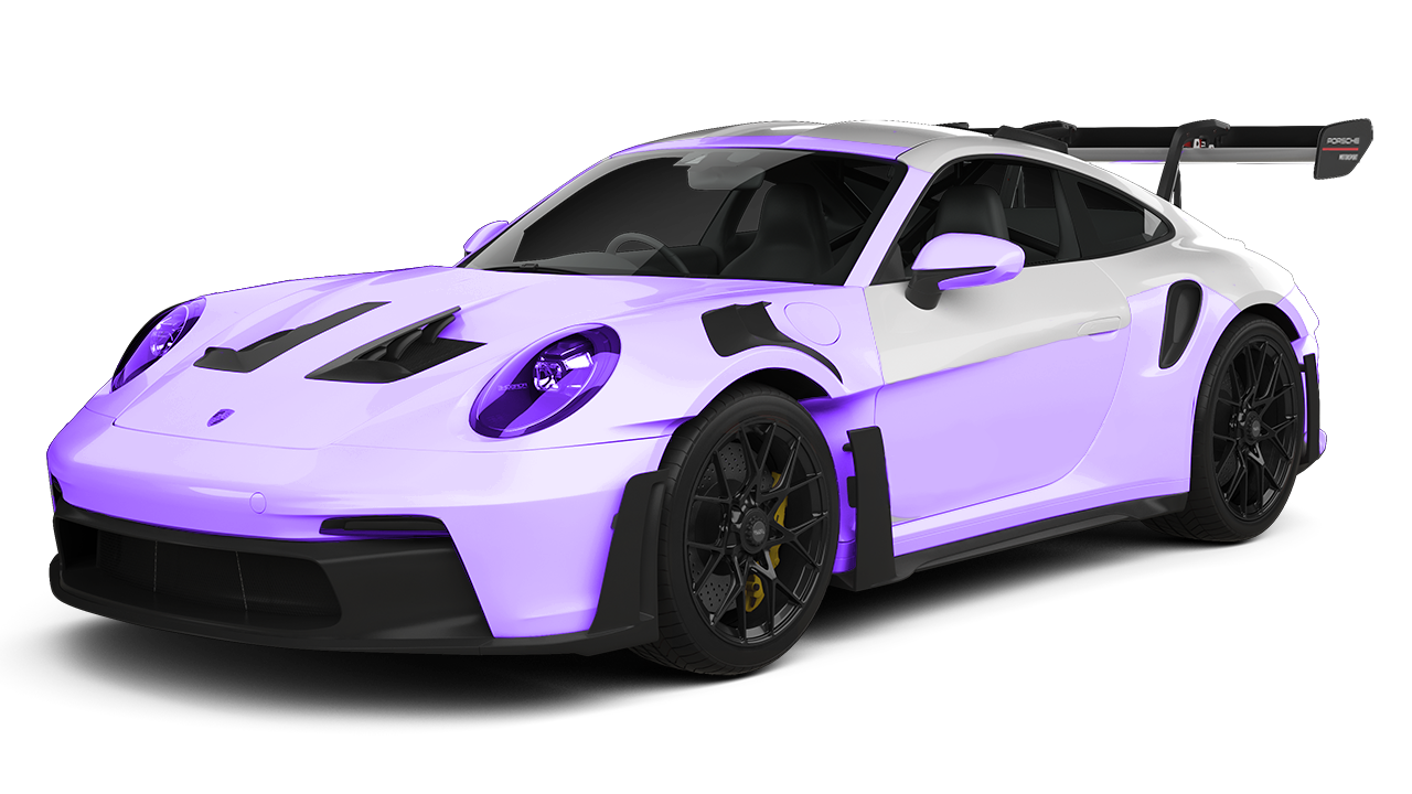 Purple and white Porsche 911 GT3 RS sports car with black accents, rear wing.