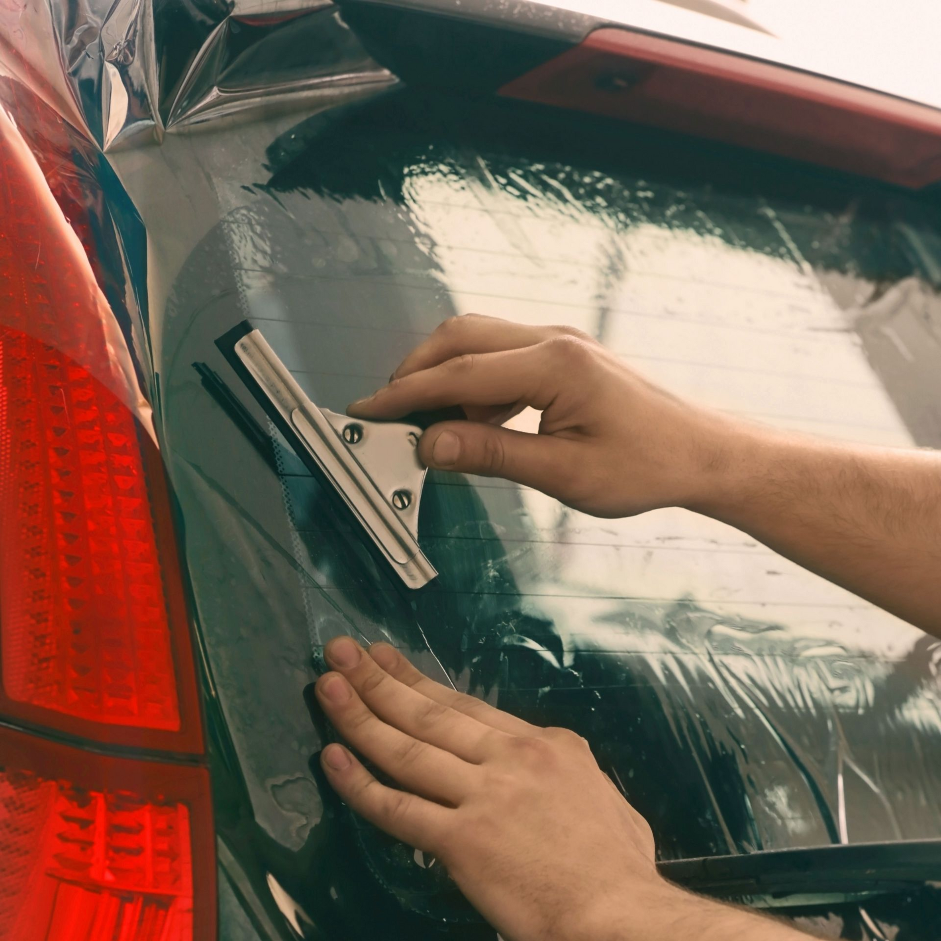 Person using a squeegee to apply tint film to a car's rear window.