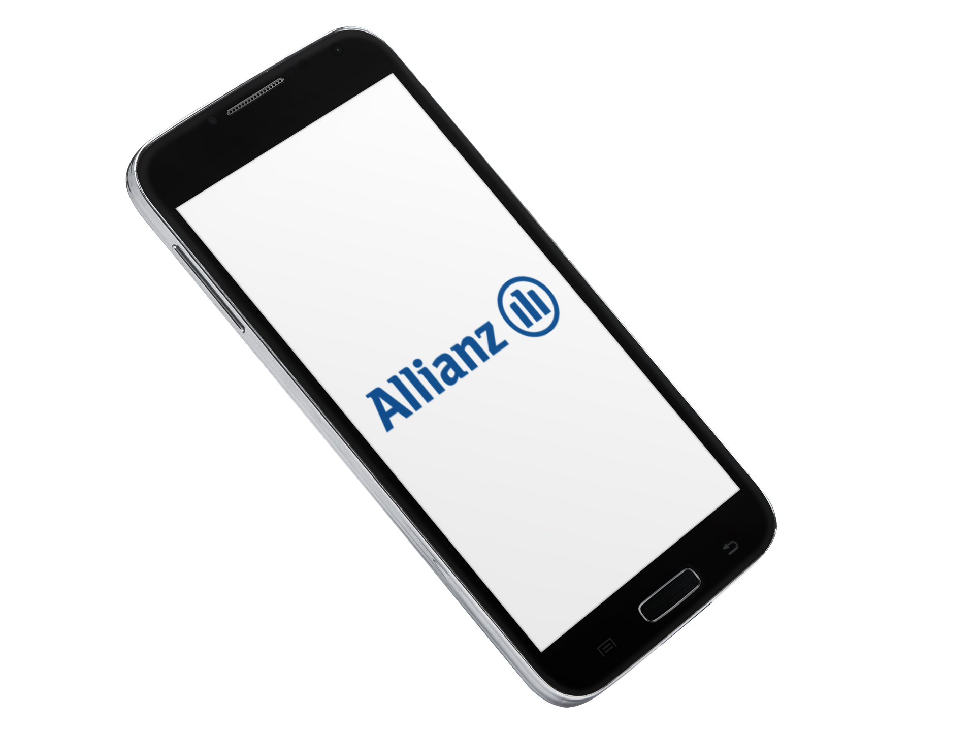 Smartphone affichant le logo Allianz en bleu sur fond blanc.