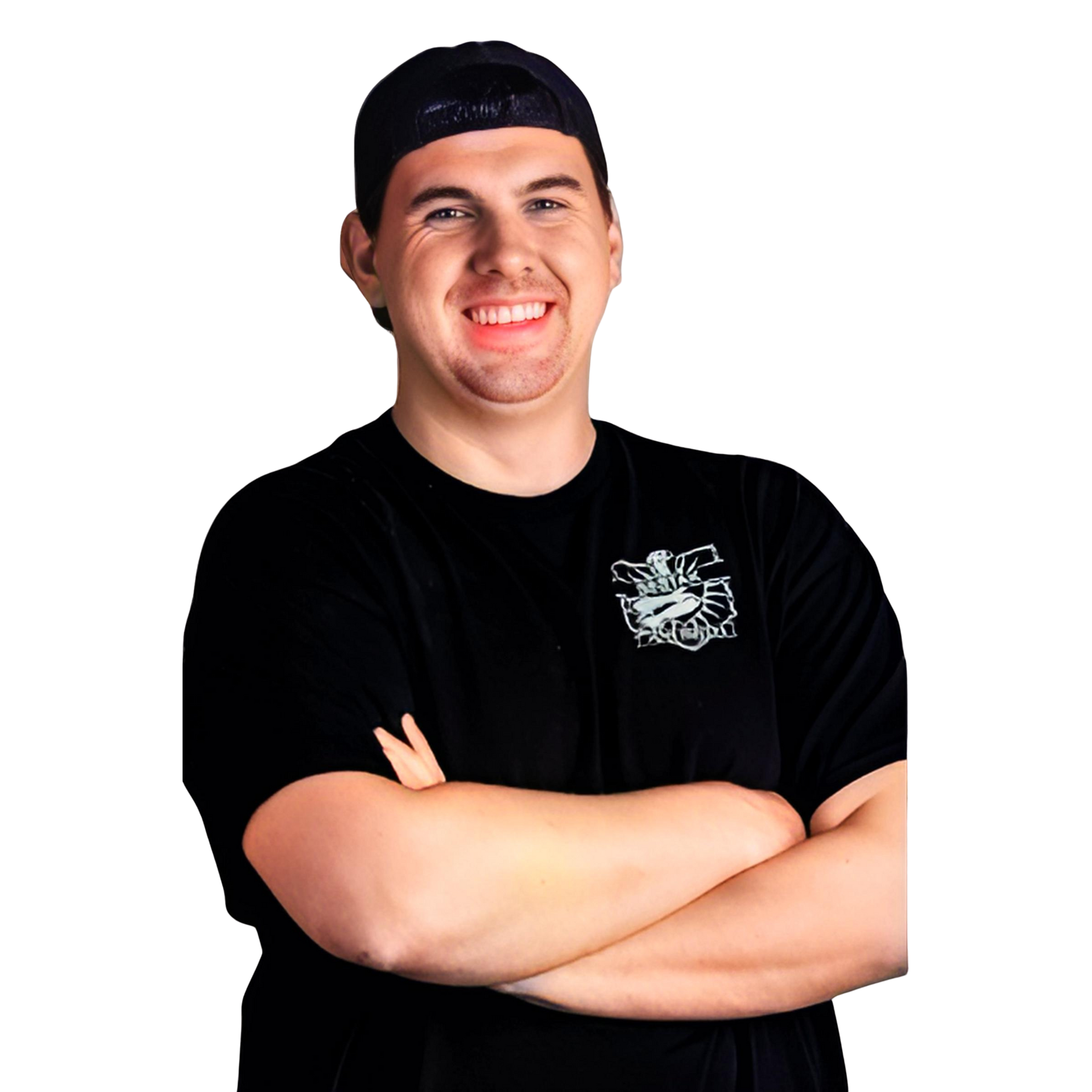 A man wearing a hat and a black shirt is smiling with his arms crossed
