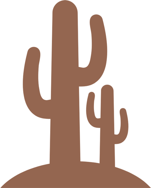 Two stylized white saguaro cacti on a beige hill.