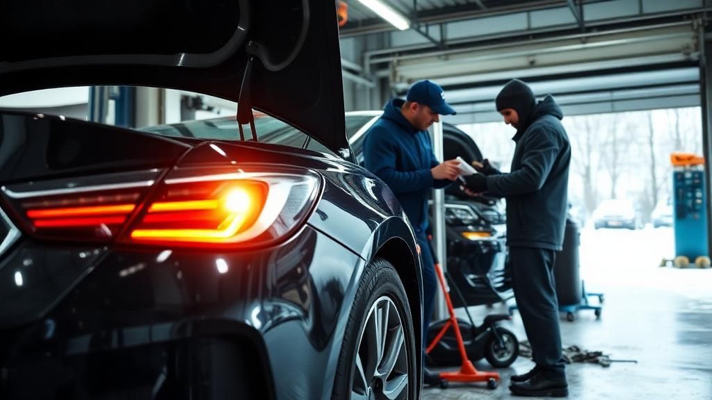 Mechanic and customer inspecting a black car in a bright auto repair shop