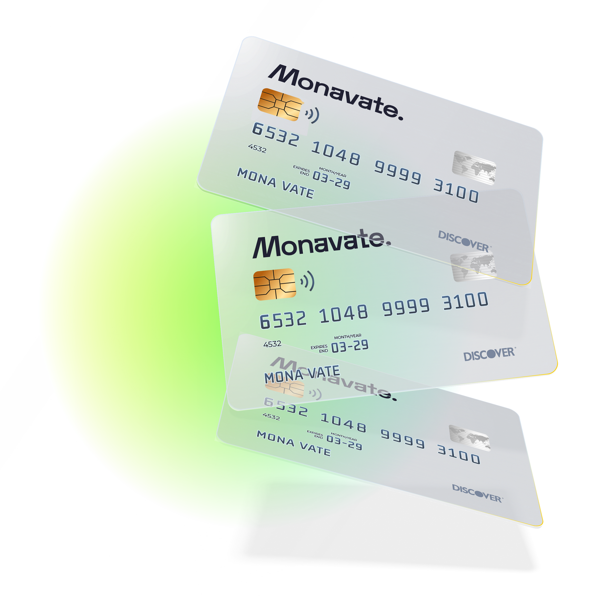 Three monavate credit cards stacked on top of each other