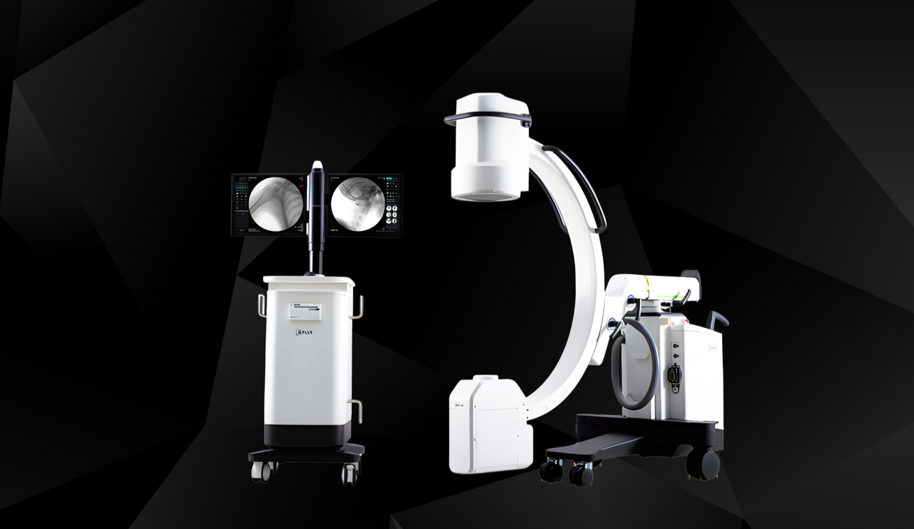 Medical X-ray equipment set against a black geometric background.
