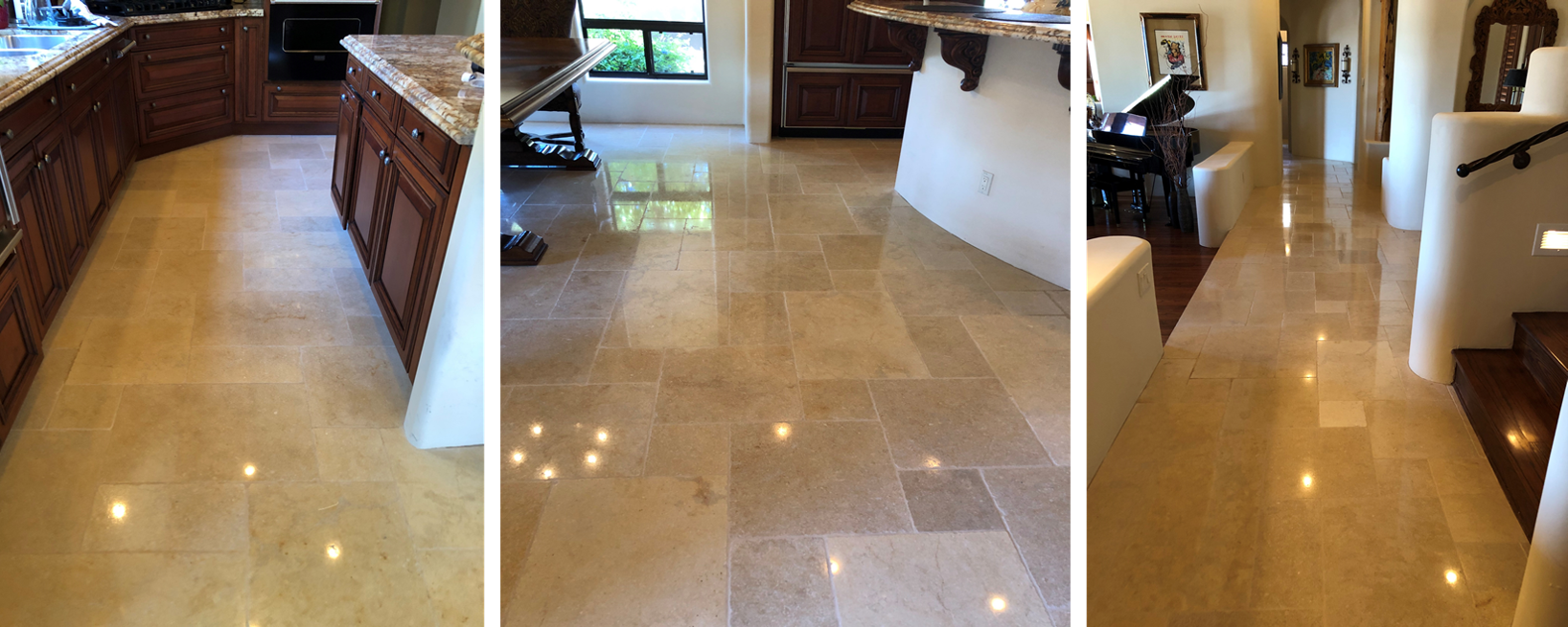 A collage of three pictures of a Limestone tiled floor in a kitchen and hallway
