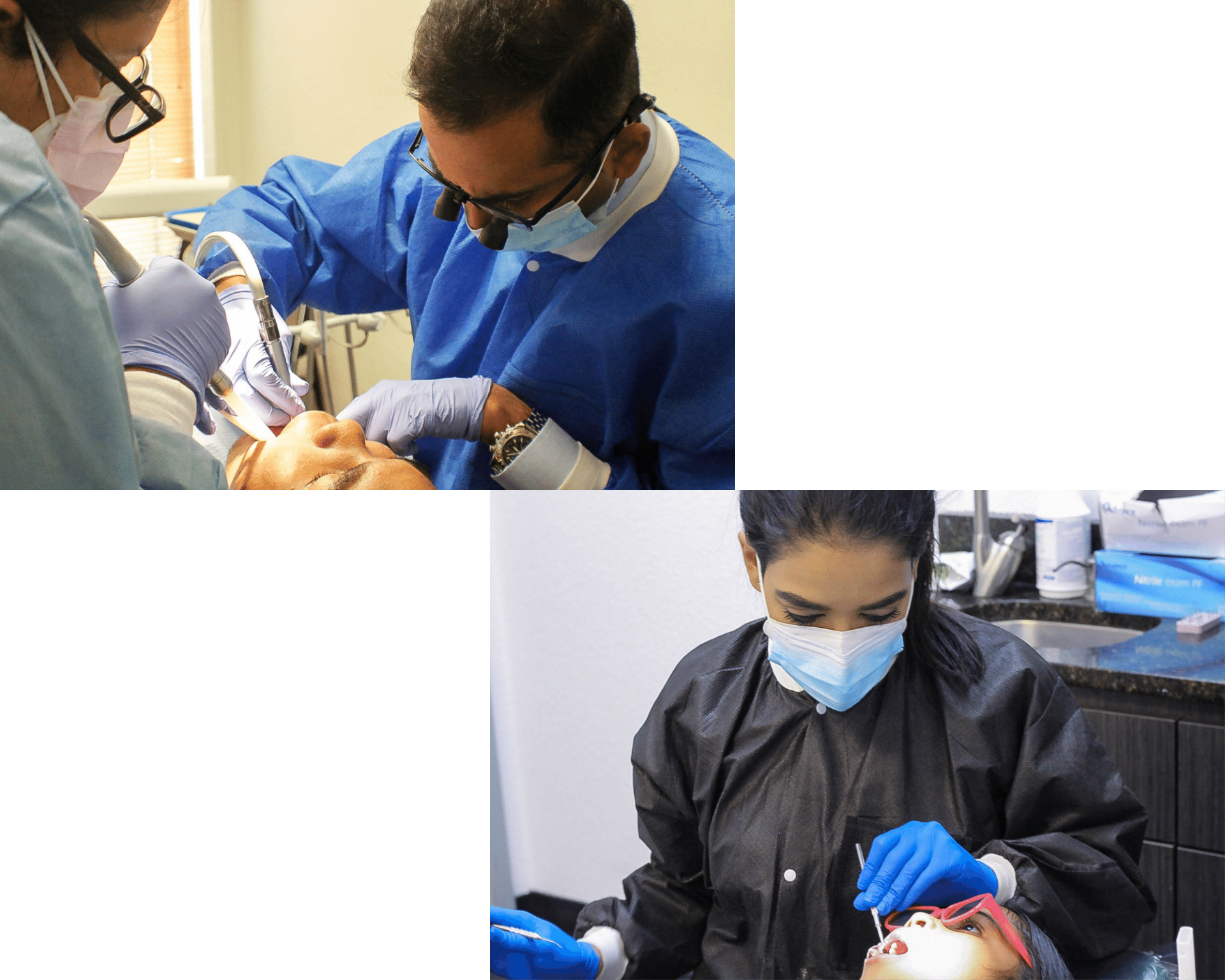 a collage of three pictures of a dentist working on a patient