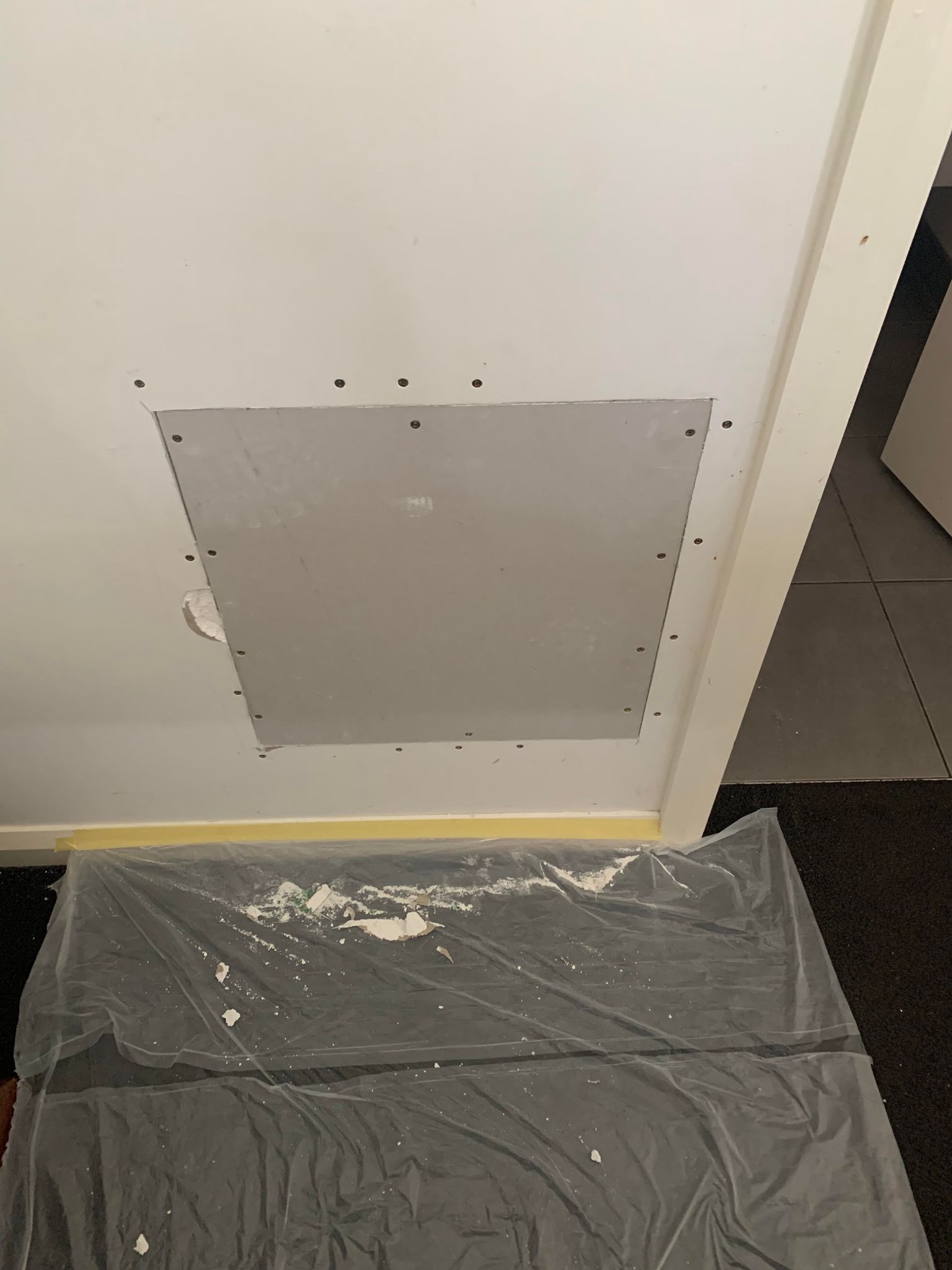 This is a bit of sheet rock we cut and replaced for the hole in the wall on the Golden Square job