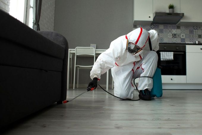Person in hazmat suit spraying insecticide in an apartment.