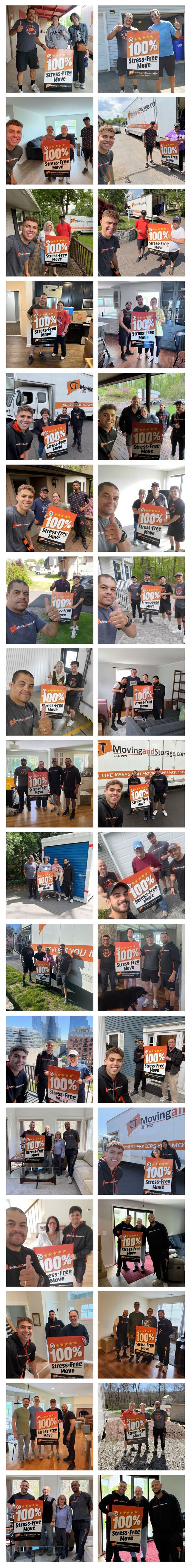 Collage of people holding a 100% Stress Free Move sign smiling at the camera.