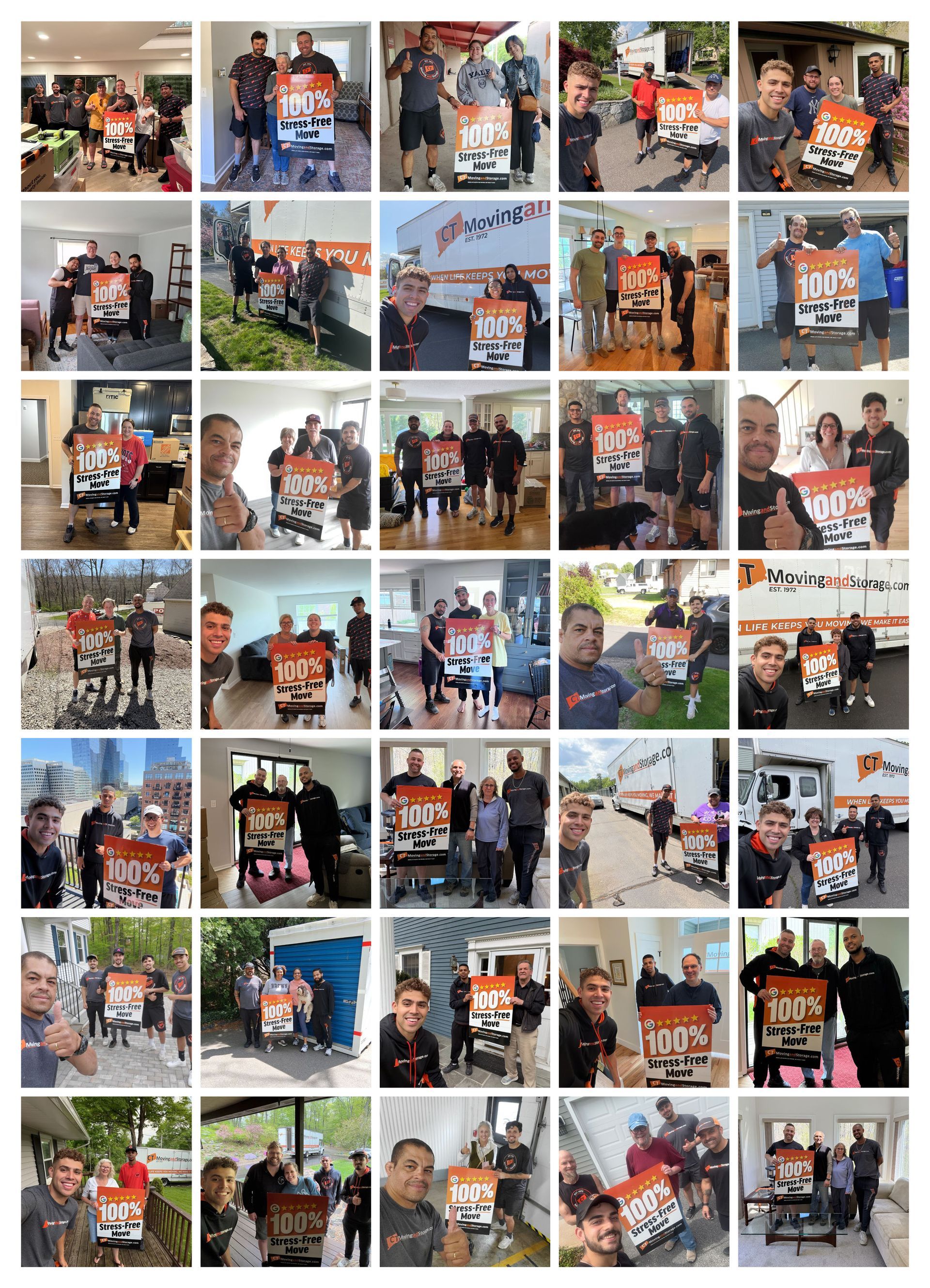 Collage of people holding a 100% Stress Free Move sign smiling at the camera.