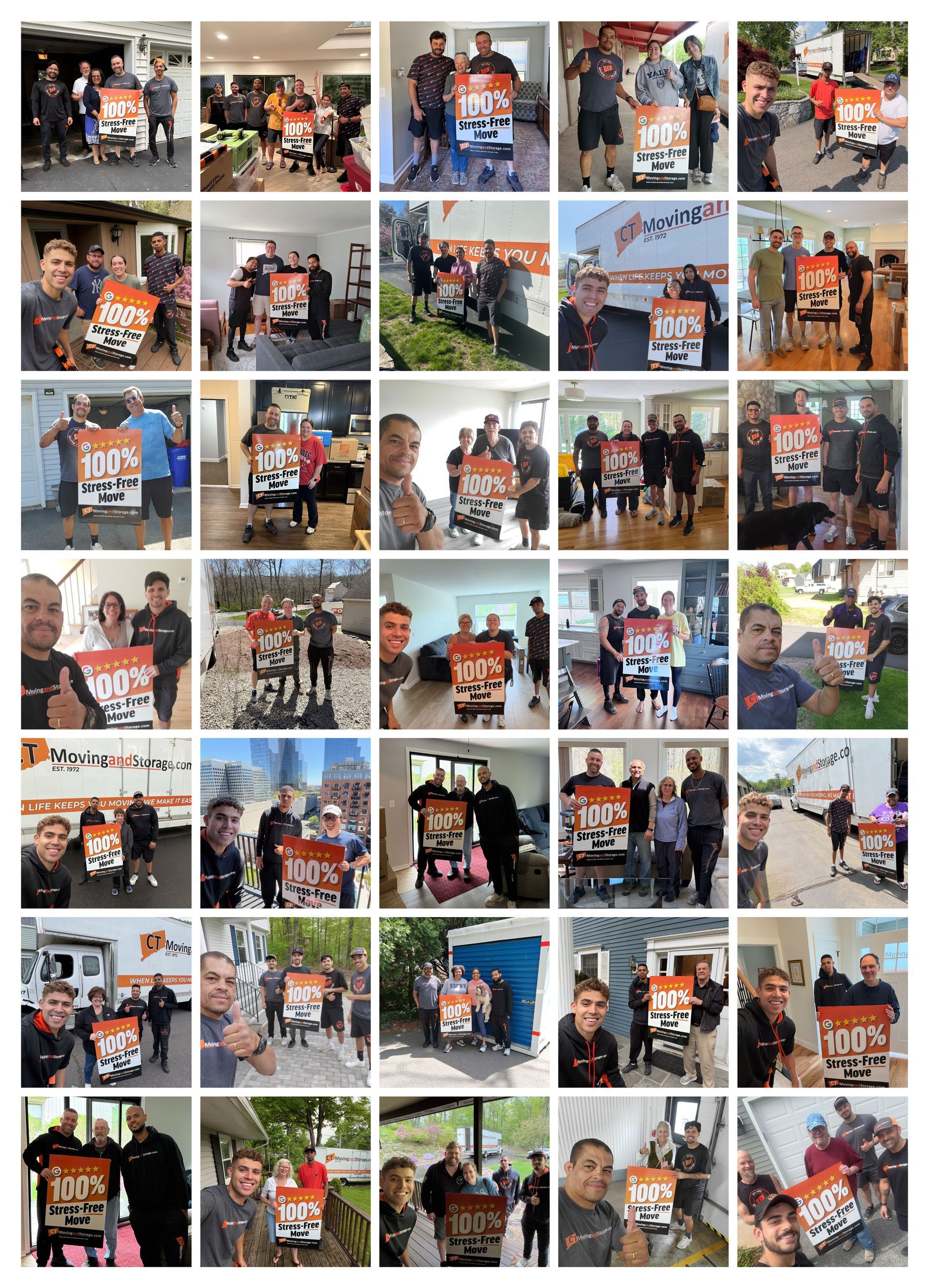 Collage of people holding a 100% Stress Free Move sign smiling at the camera.