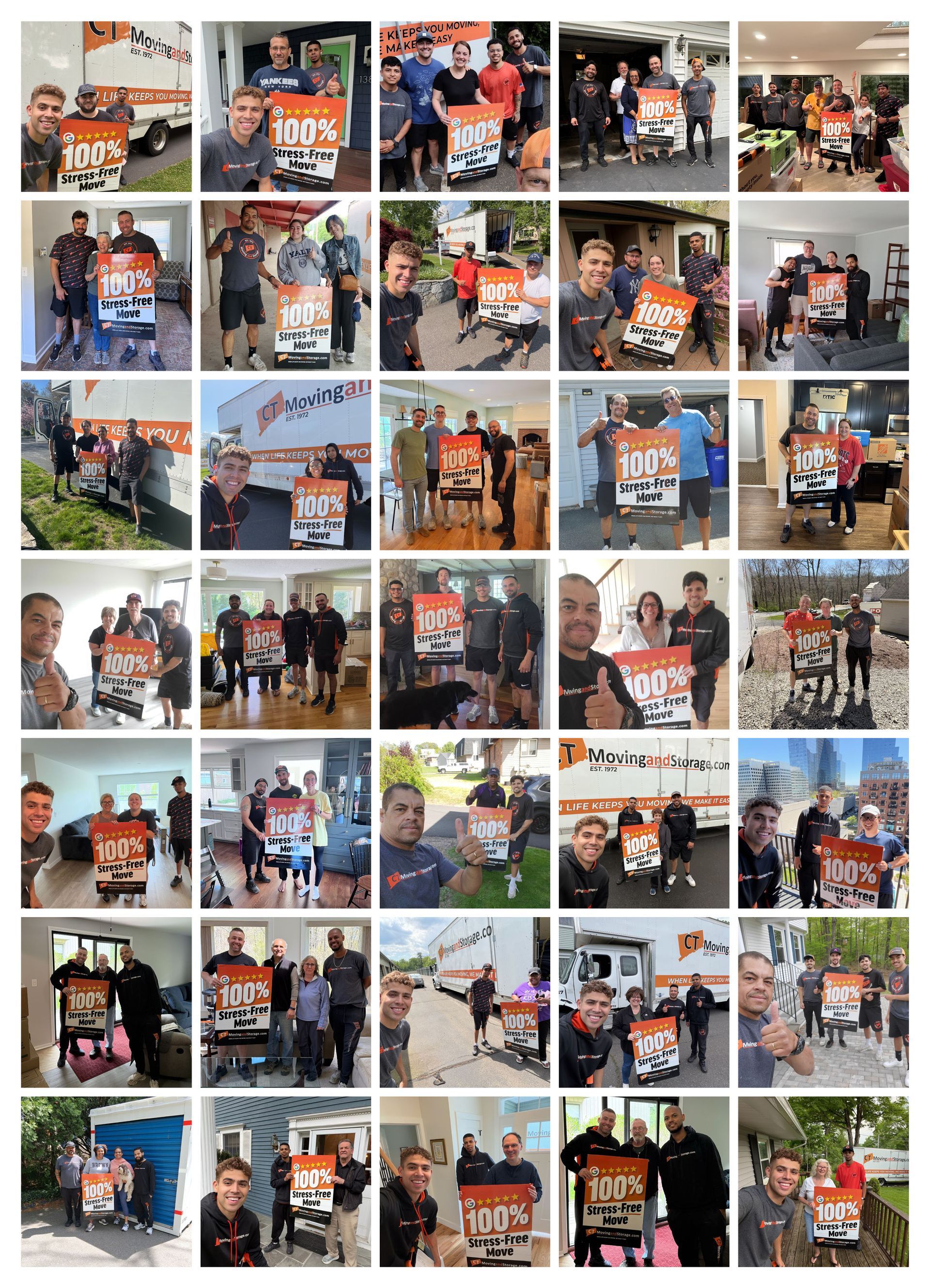 Collage of people holding a 100% Stress Free Move sign smiling at the camera.