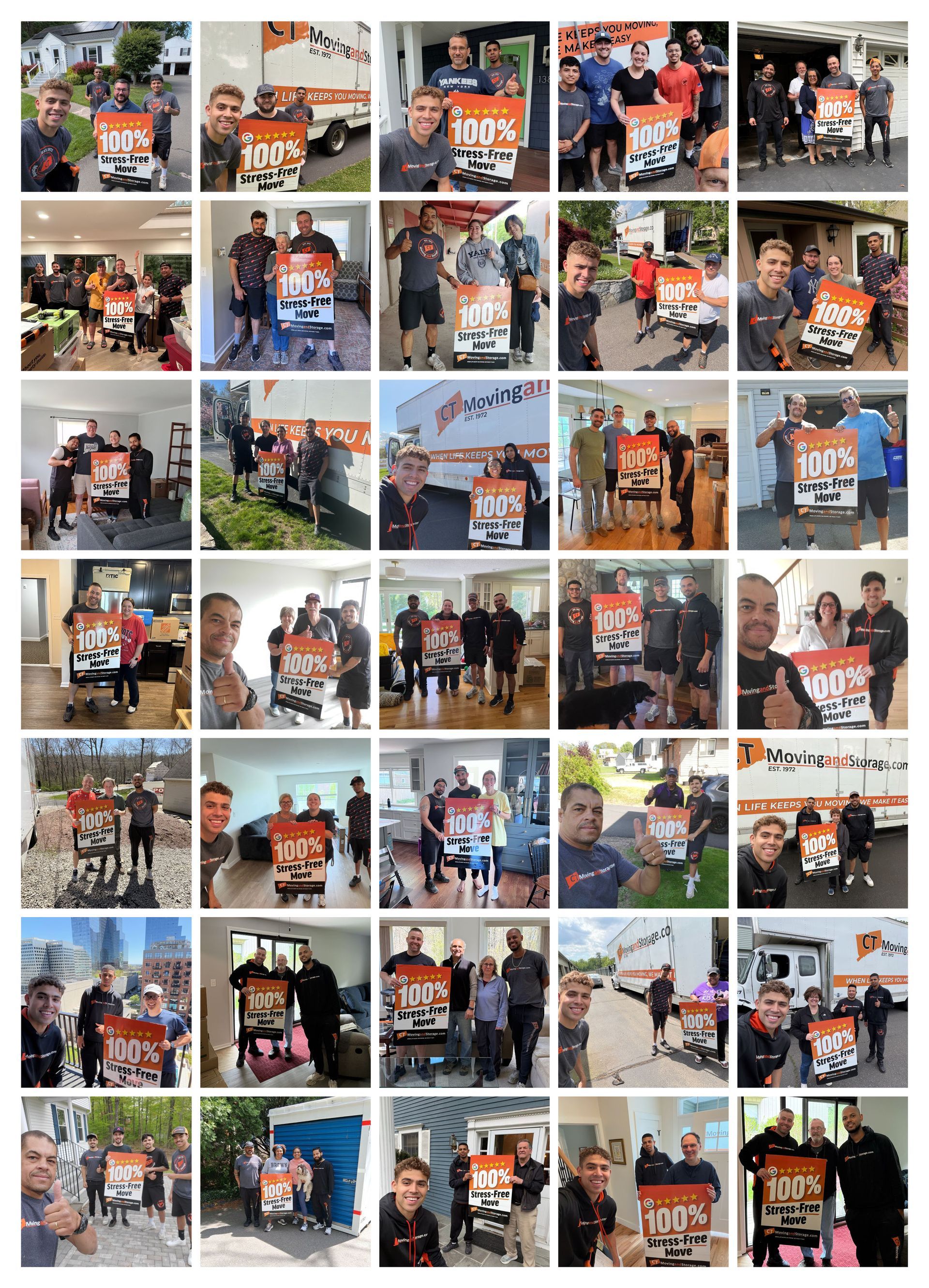 Collage of people holding a 100% Stress Free Move sign smiling at the camera.