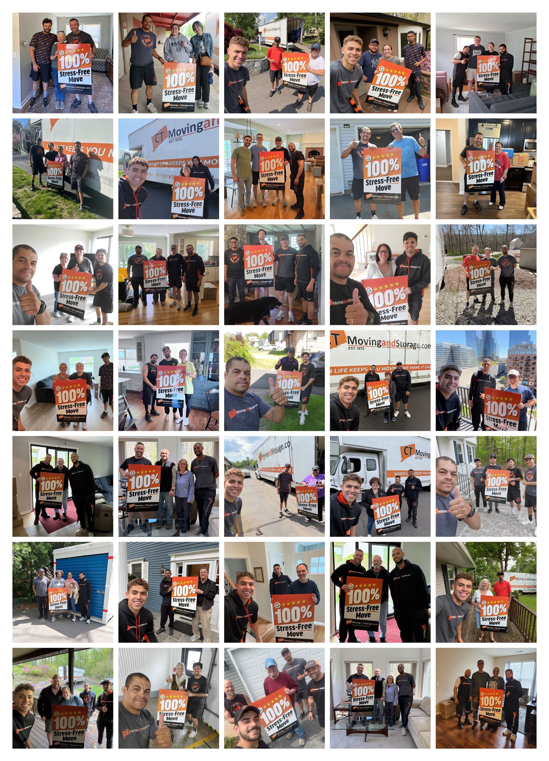 Collage of people holding a 100% Stress Free Move sign smiling at the camera.