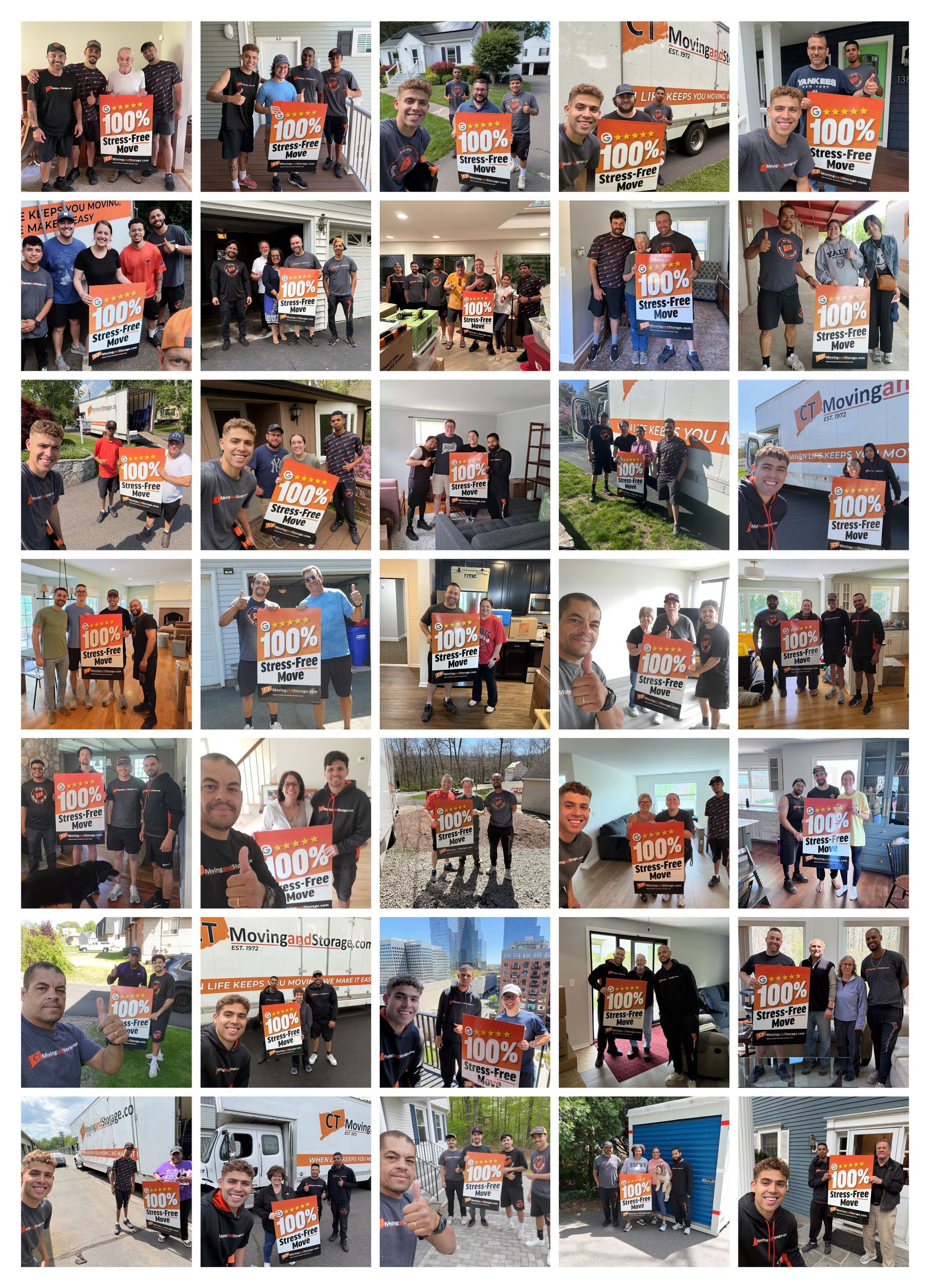 Collage of people holding a 100% Stress Free Move sign smiling at the camera.