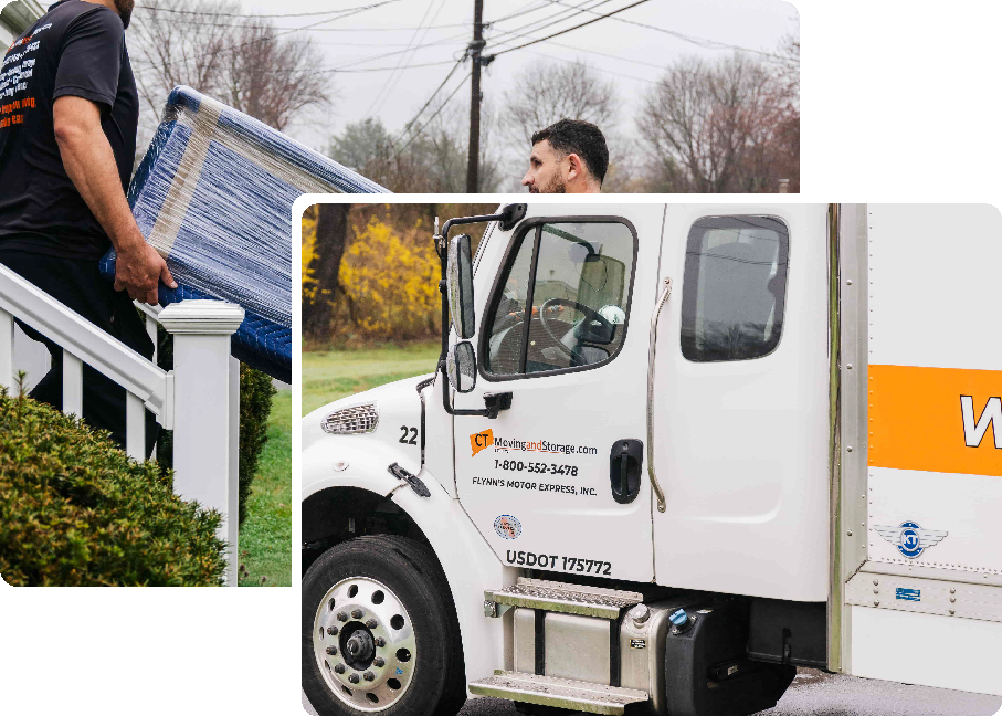 A man is carrying a couch down a set of stairs next to a truck.