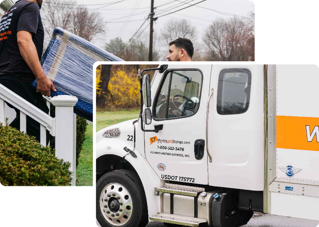 A man is carrying a couch down a set of stairs next to a truck.