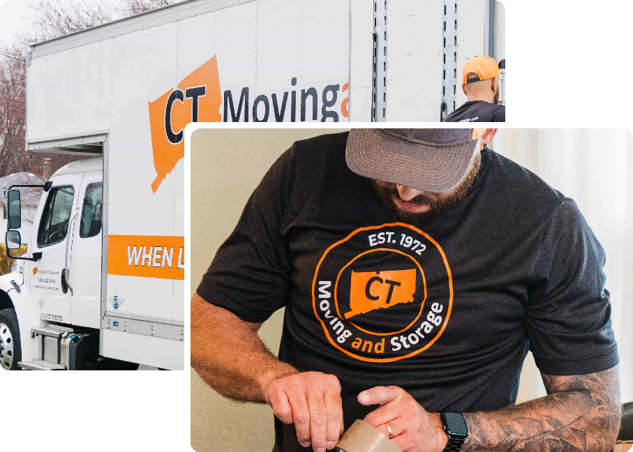 A man is wrapping a box in front of a ct moving truck.