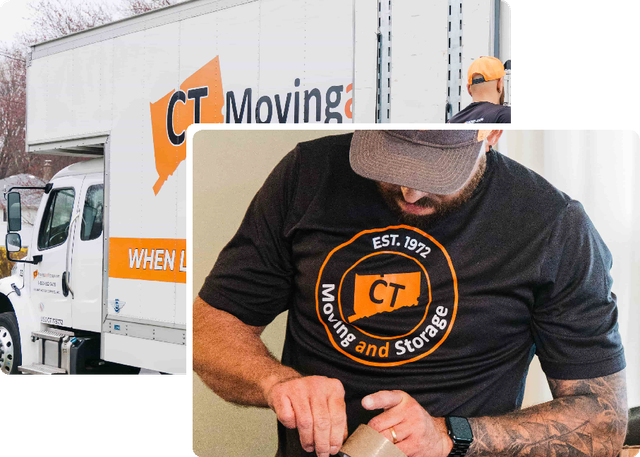 A man is wrapping a box in front of a ct moving truck.
