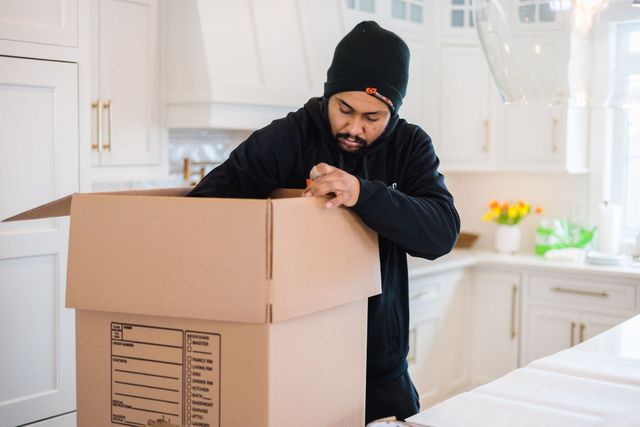 Man opening a cardboard box in a kitchen with white cabinets.