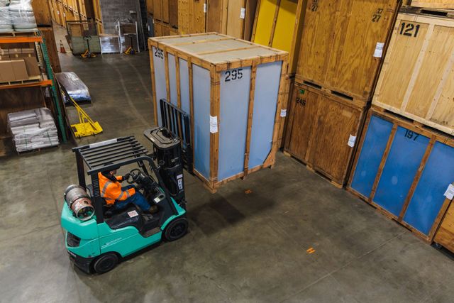 Forklift lifting a large wooden crate in a warehouse, near other stacked crates.