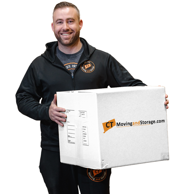 A man is holding a box that says ct moving and storage.com