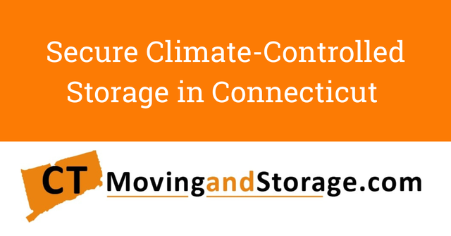Orange banner: Secure climate-controlled storage in Connecticut. CT outline with website address.