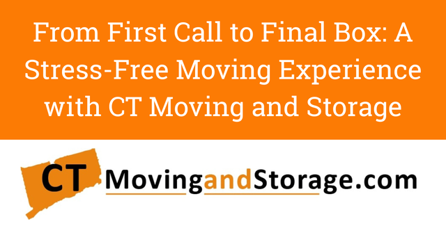 Advertisement for CT Moving and Storage: orange banner with text and logo, promises stress-free moving.