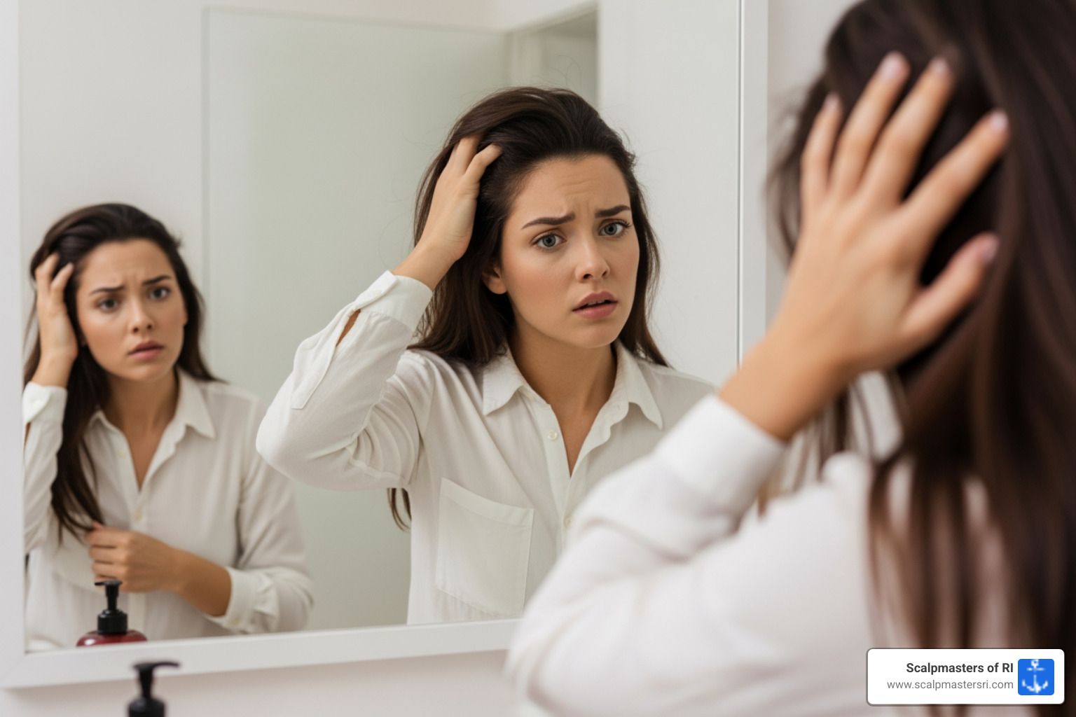 woman looking at hair in mirror - hair loss for women
