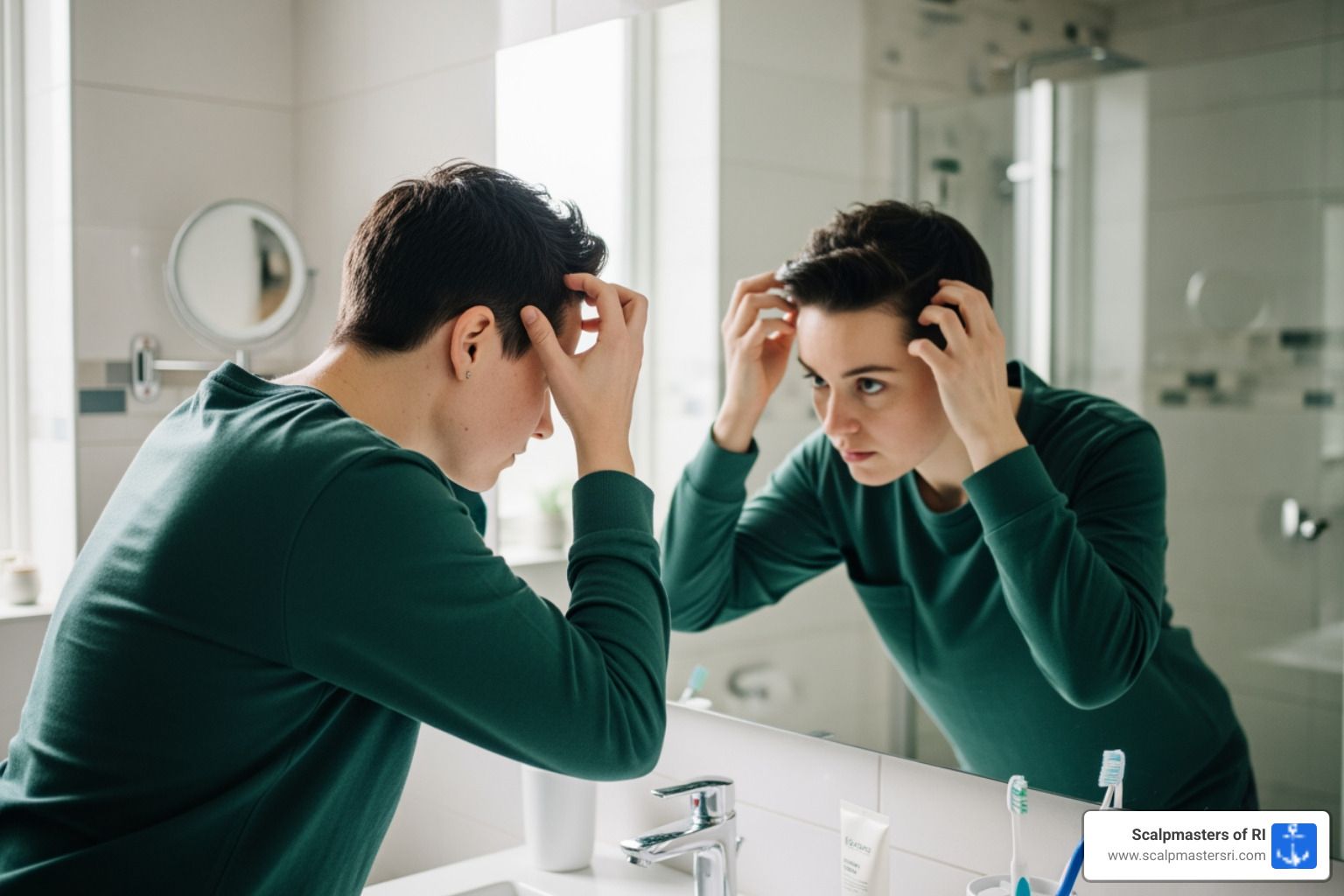 person examining hairline in mirror - is an uneven hairline normal