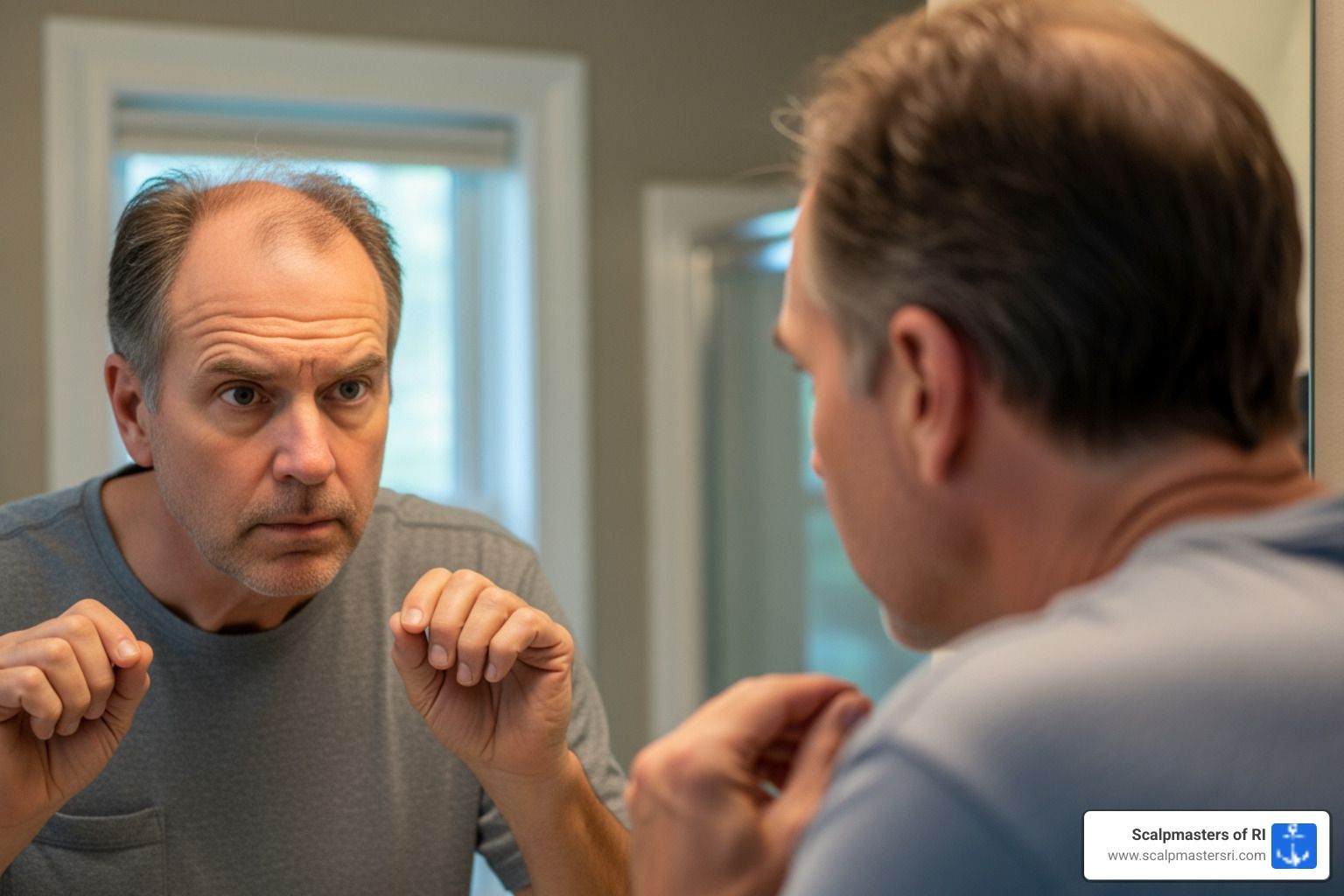 man examining uneven hairline in mirror - uneven hairline