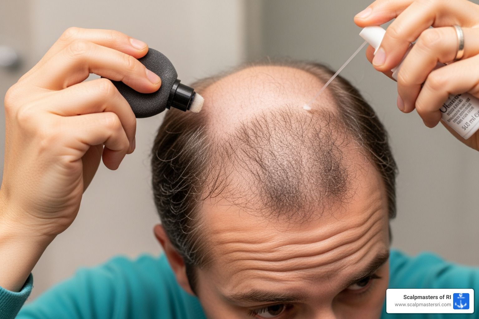 person applying hair concealer - balding cover up products