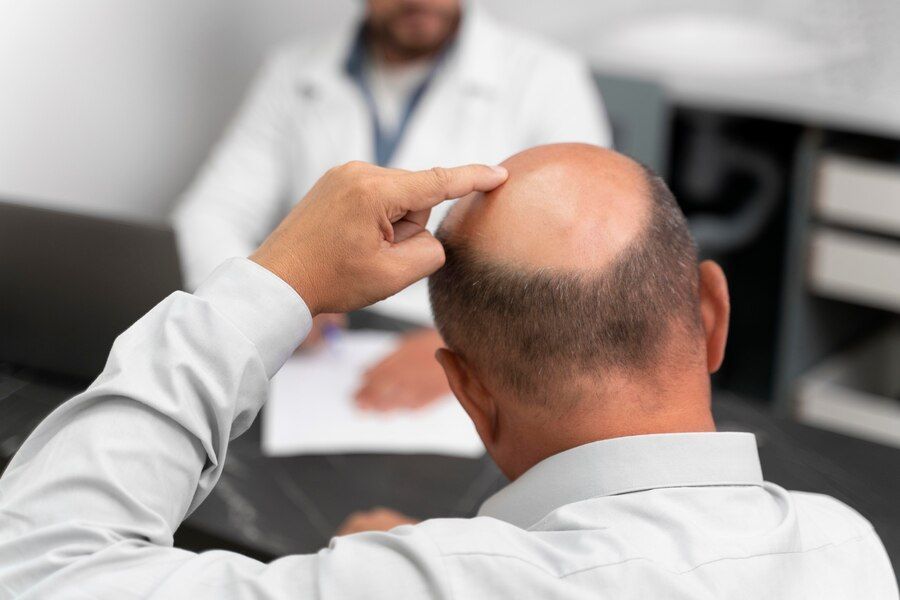 Man going through follicular unit extraction process