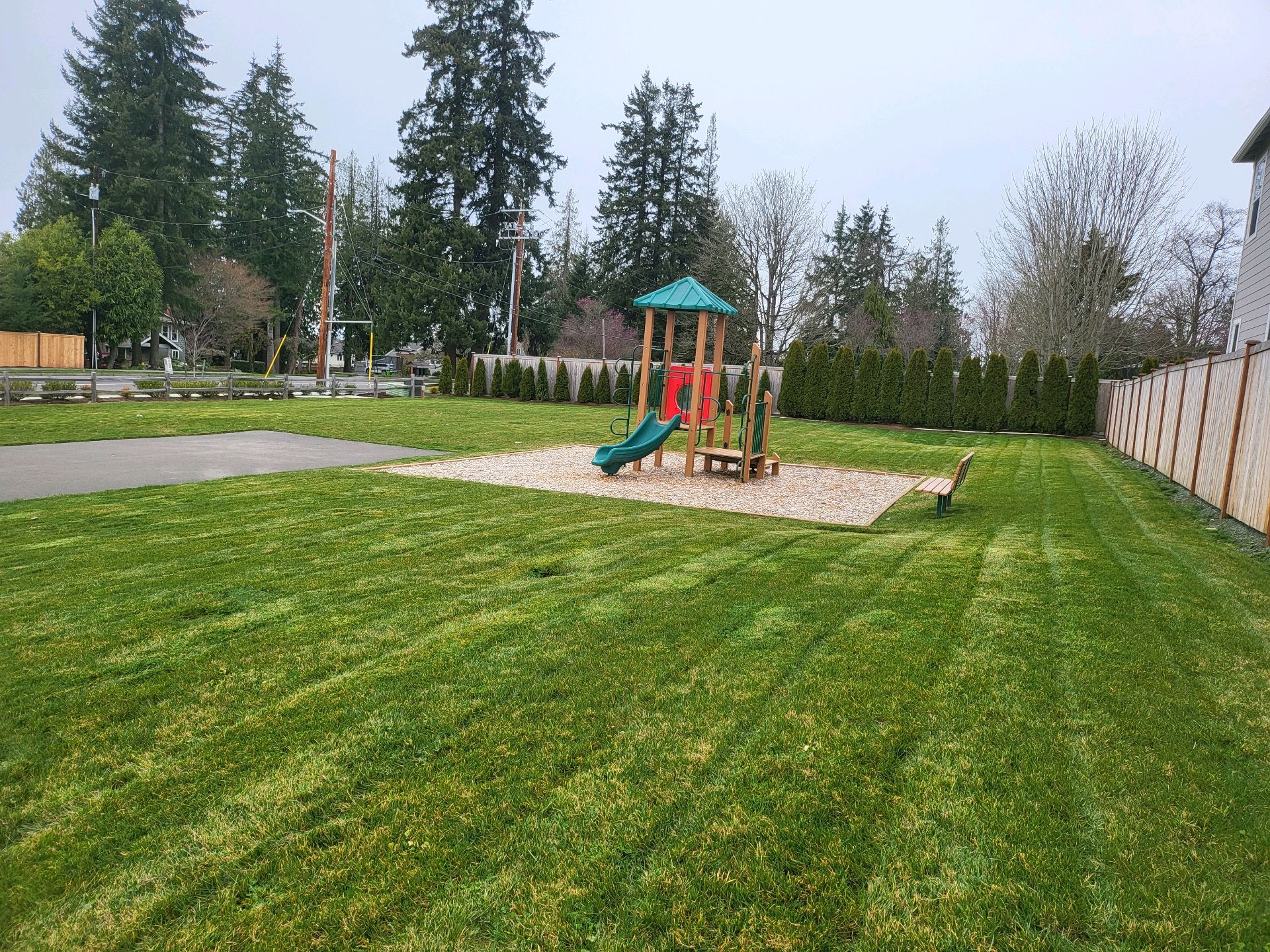 Playground with a slide, surrounded by grass and a wooden fence. Trees are in the background on an overcast day.