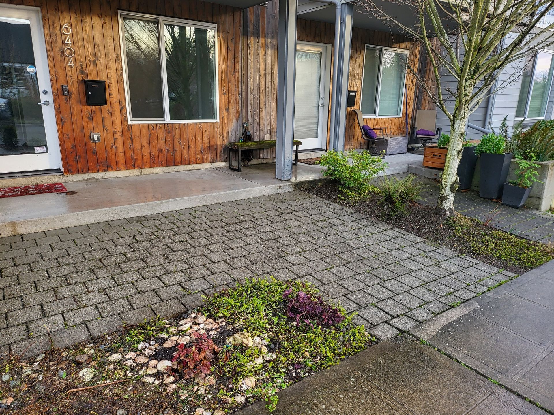 Brick walkway leading to townhouses with brown siding and a small garden.