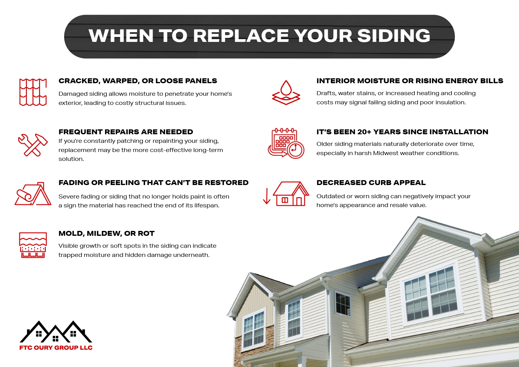 Signs you need new siding: damage, moisture, rising energy bills, frequent repairs, aging materials, and reduced curb appeal.