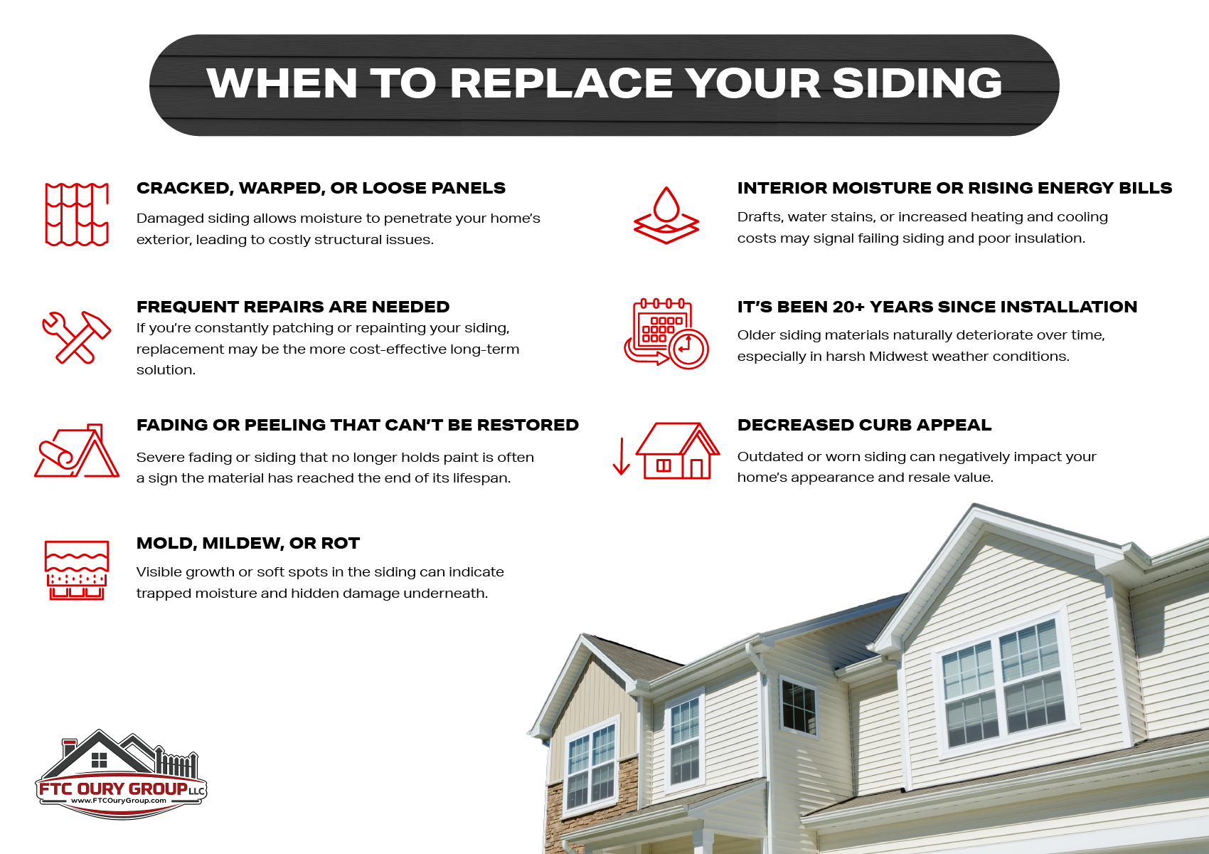 Signs you need new siding: damage, moisture, rising energy bills, frequent repairs, aging materials, and reduced curb appeal.