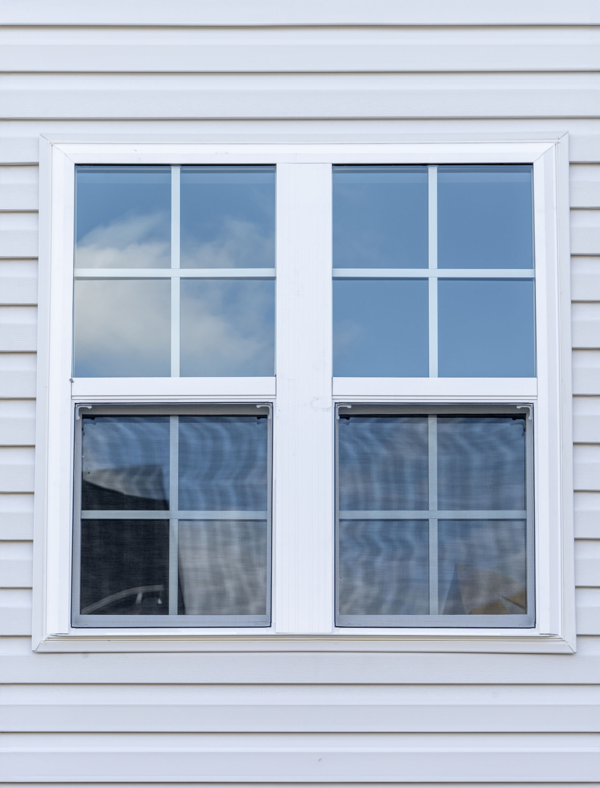 A white-framed double-hung window with a grid pattern, set against light-colored horizontal siding.