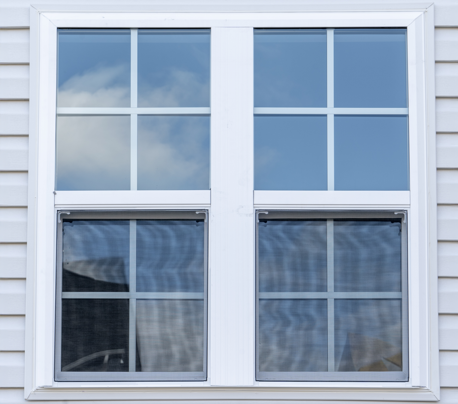 A white, two-pane double-hung window with a grid pattern, set into light gray horizontal siding.