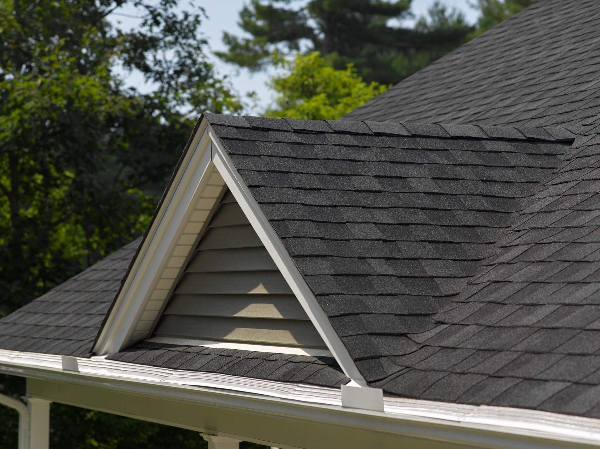 A house with a black roof and a white trim