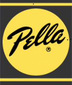 A yellow circle with the word pella on it.