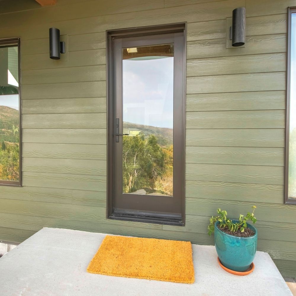 A green house with a door and a potted plant