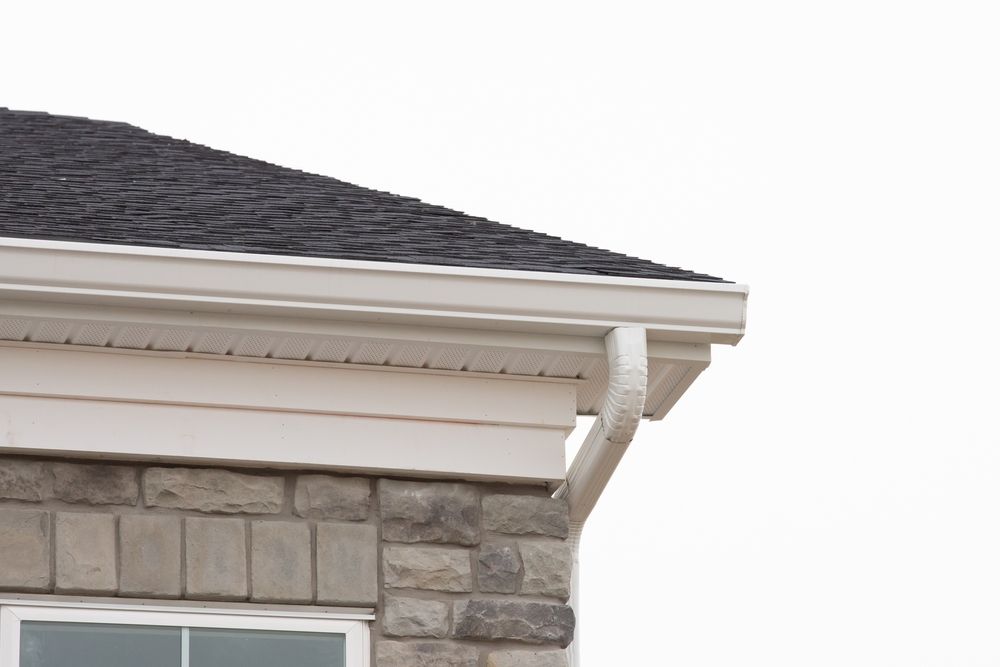 A house with a black roof and a white gutter