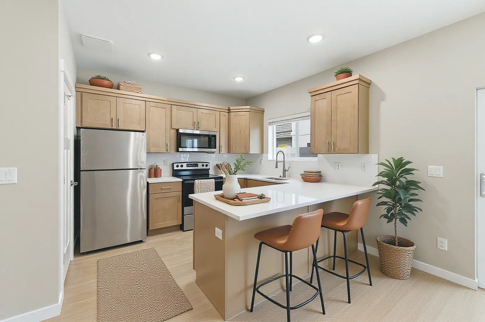 Modern kitchen with island, stainless steel fridge, stove, microwave, and bar seating.