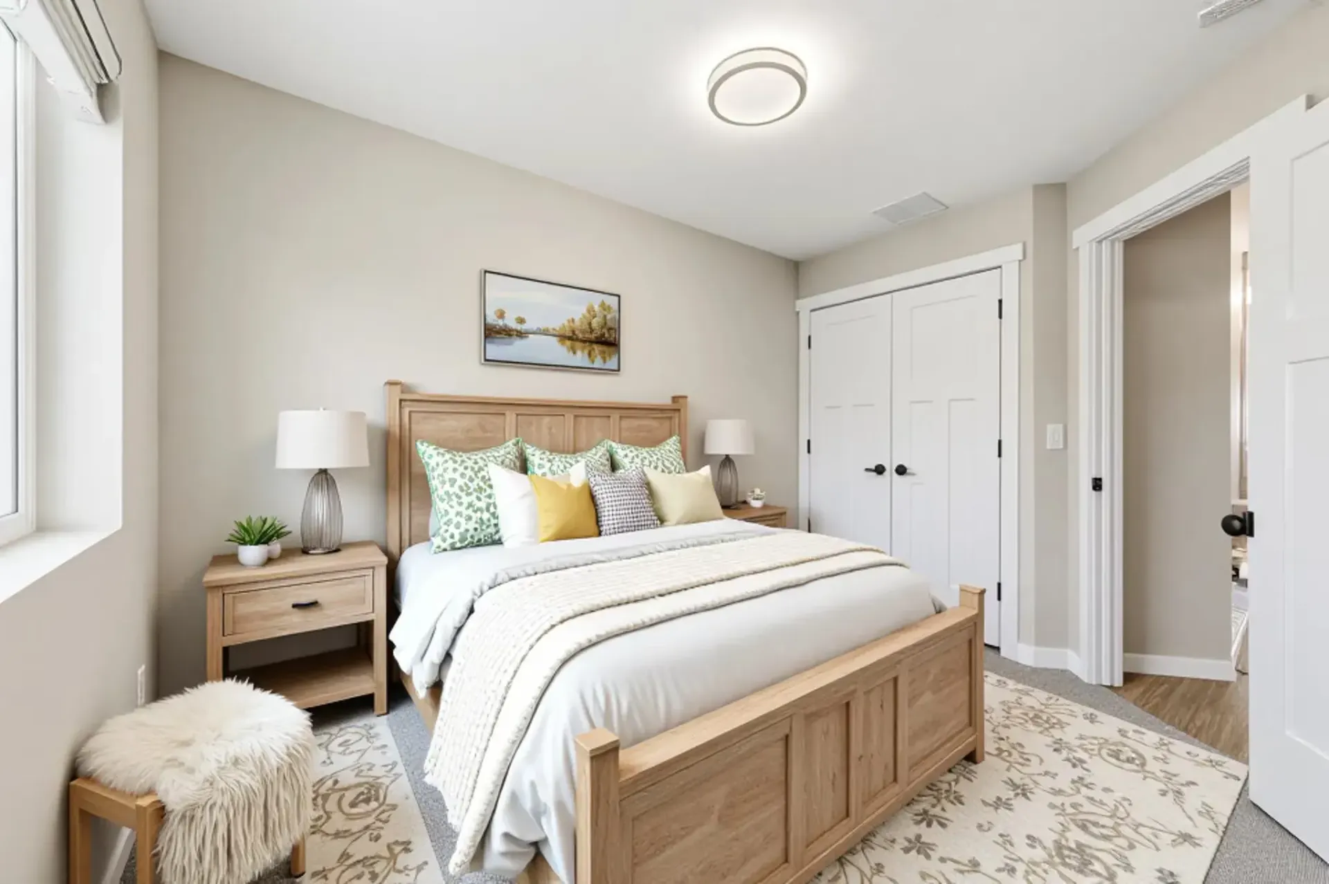 Cozy bedroom with a wooden bed frame, matching nightstands, bedside lamps, and a patterned rug.