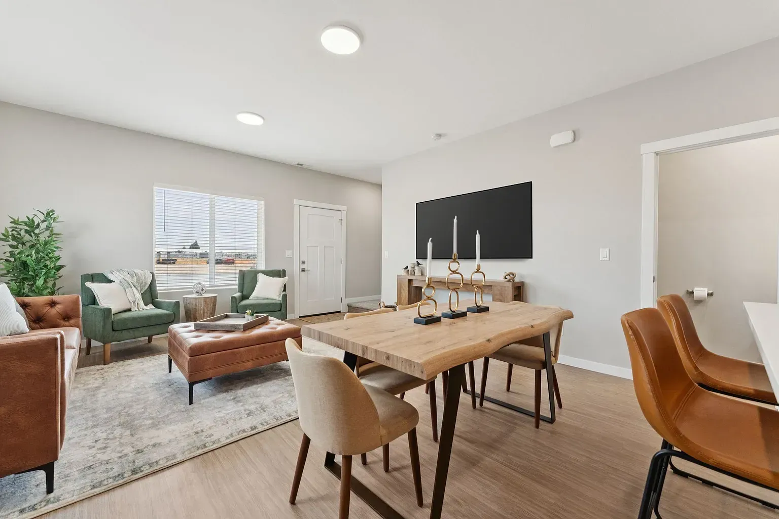 Living and dining area of an apartment with a sofa, chairs, TV, and wooden dining table.