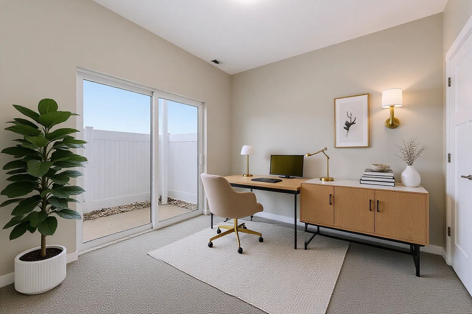 Home office with desk and chair facing a sliding glass door to a small outdoor patio.